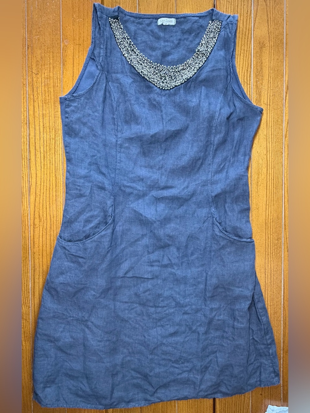 Lina Tomei Made in Italy 100% Linen Beaded Neckline Dress Blue M